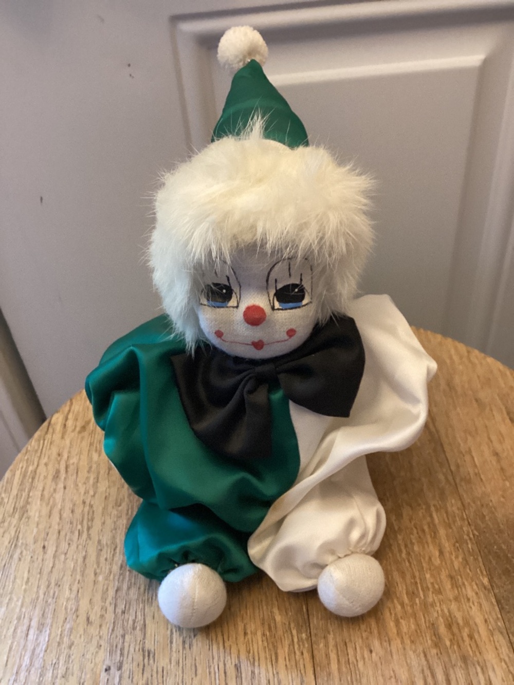 Vintage Weighted Porcelain Clown with Faux Fur Hat 11.5 inches